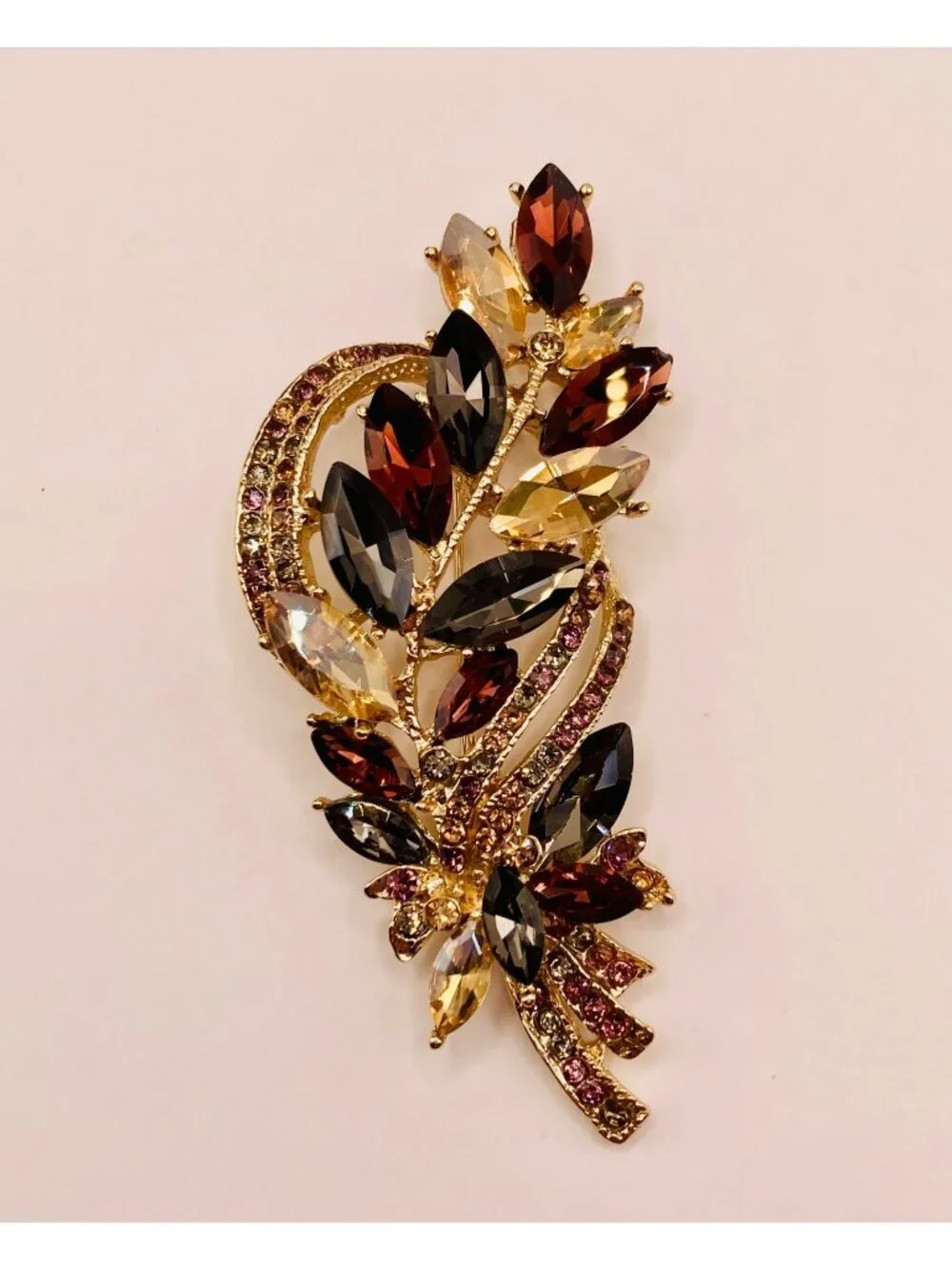Gold-Tone Floral Brooch Multi-Color Rhinestones Elegant Leaf Design -112B